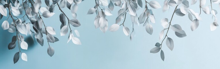 Fototapete - Delicate branches with silver leaves gracefully hanging against a soft blue backdrop in a serene atmosphere