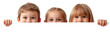 © PNGuin Studio - Three curious children peeking over a white banner, isolated on transparent cutout background