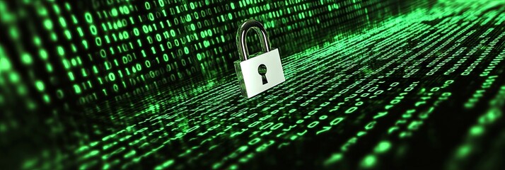 A digital lock amidst a flow of green binary code, symbolizing the protection of cybersecurity