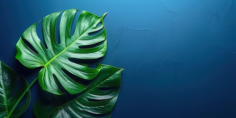 green vintage lush monstera leaf plant overlapping on wide dark background 