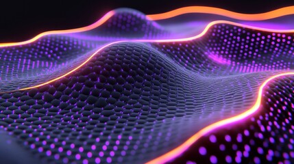 A close-up image of luminescent blue cells linked by a web of pink fibers
