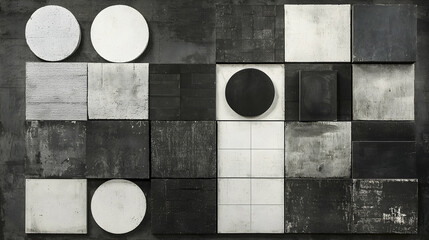 Wall Mural - Abstract monochrome geometric wall art installation, textured squares and circles, modern design, background, interior design
