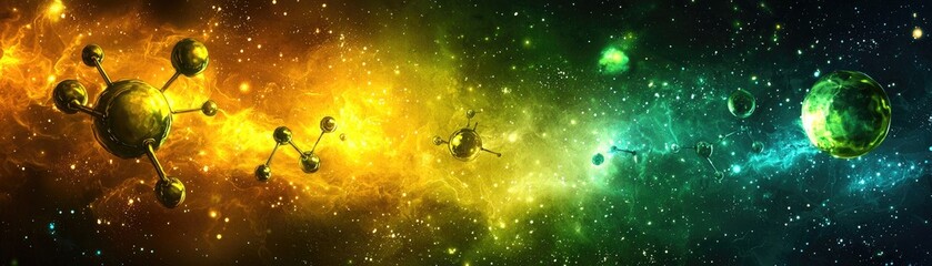 Cosmic molecules float in nebula; vibrant colors; science fiction; background design