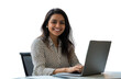 © MstSuborna - A photo of an attractive Indian woman sitting at her desk in front of a laptop transparent background (3)