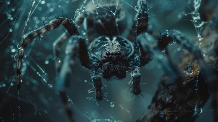 A highly detailed macro photograph captures a spider in its intricate web, covered in tiny water droplets.