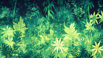 Lush Tropical Foliage Night Scene Background, Illuminated Plants, Dark Forest, Website Design