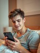 © CZALBERTO - Young man lying on bed using smartphone in warm evening light. Generative AI