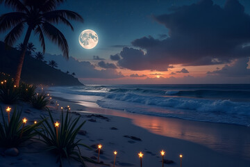 Wall Mural - magical moonlit beach scene with glowing star decoration at sunset background