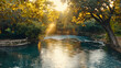© creative - Sunlit river flowing through lush park at sunset; tranquil scene perfect for travel brochures