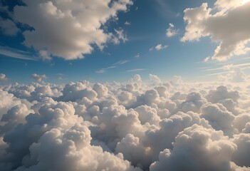 a beautiful sky with fluffy cumulus clouds, illuminated by soft sunlight. the bright clouds contrast