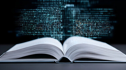 Open Book With Digital Data Emerging Against Black Background