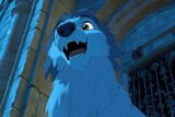 Happy animated wolf character smiling in front of an ancient stone structure at night
