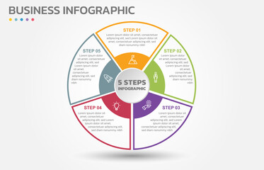 Poster - Visual data presentation. Cycle diagram with 5 options. Pie Chart Circle thin line infographic template with 5 steps, options, parts, segments. Business concept. Editable pie chart with sectors.