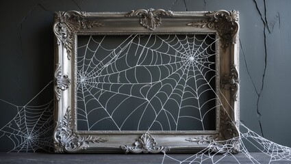 Gray ornate frame on dark surface holds spider web. White cobweb extends outside picture frame onto wall.