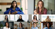 © fizkes - Indian and European businesswomen lead conversation through videoconference apps with multiethnic young and middle-aged colleagues. Blogging, teleconference, professional remote counsel, collage view