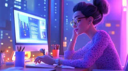 Nighttime coder works at computer, city view