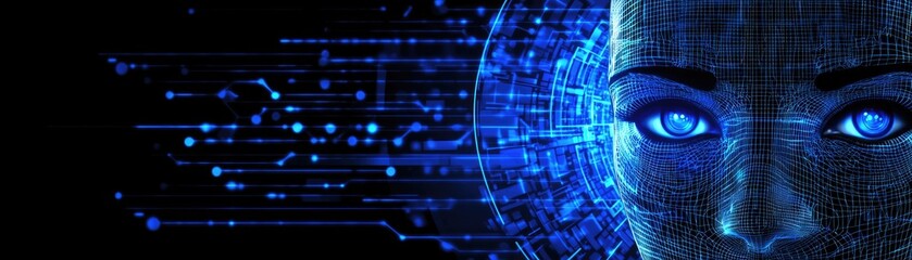 AI face, digital code, future tech, abstract background, website banner