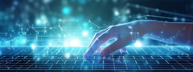 Hand typing on glowing keyboard, network background for technology concepts