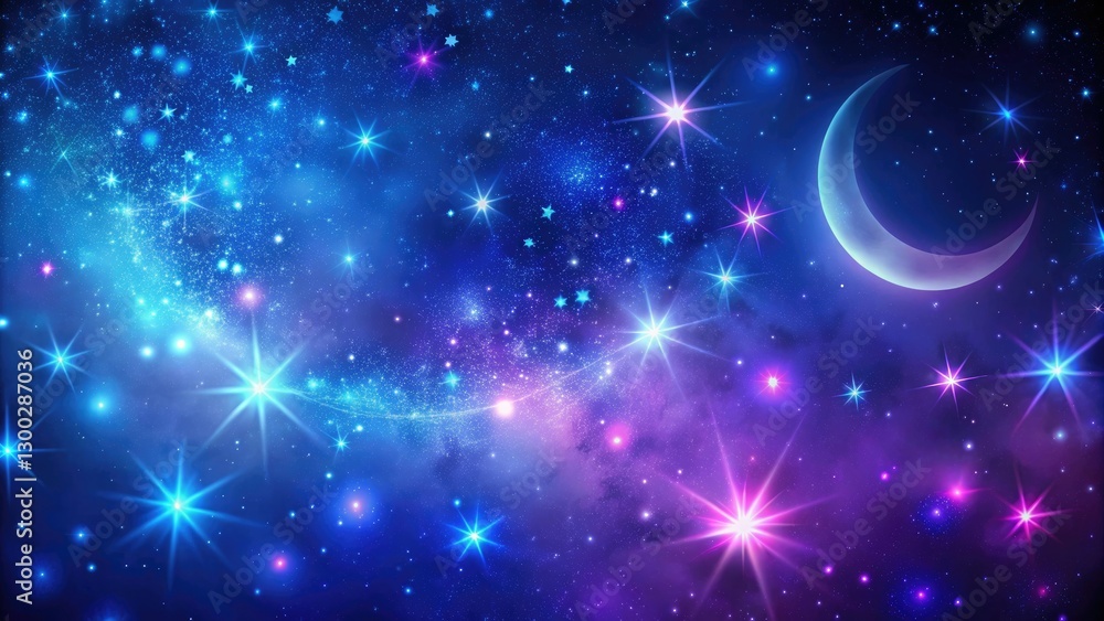 Deep blue space background with purple stars and a crescent moon, lunar ...
