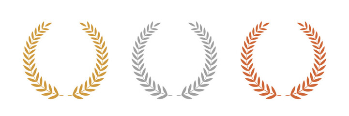 Wall Mural - gold, silver, bronze laurel wreaths. winner medal award set vector illustration. victory symbol, tri