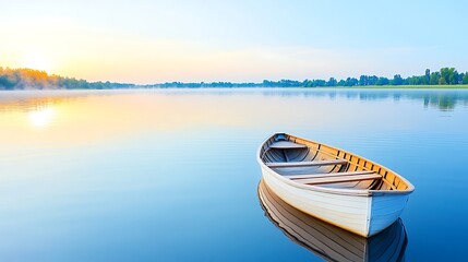 Naklejka na meble Serene Sunrise Rowboat on Calm Lake at Dawn Peaceful Nature Scene