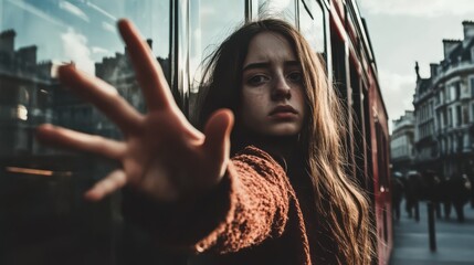 a young girl extends her hand towards the viewer in a vibrant urban environment, encapsulating feeli