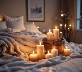 Wall Mural - cozy winter scene with candles and soft blanket, snowy landscape, soft blanket