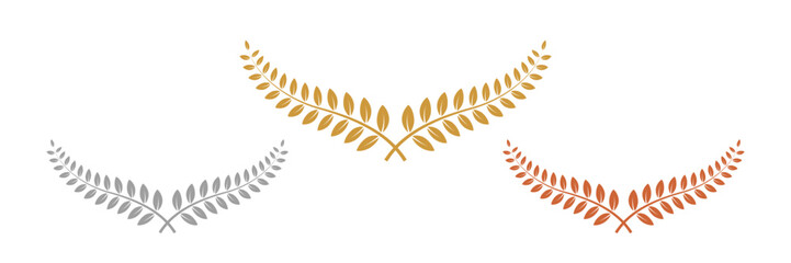 Wall Mural - gold, silver, bronze laurel wreaths. winner medal award set vector illustration. victory symbol, tri