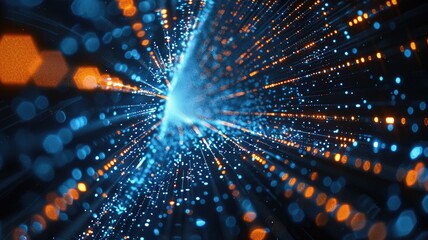 Abstract picture of digital particle with digital technology style design connecting become dynamic of electric wave movement represent about flowing of data or structure of network system. AIG53.