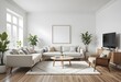 © Adeteye Adeniyi - Modern Scandinavian living room with a cozy sofa, mid-century furniture, wooden floor, white walls, and home plants. Minimalist design with a warm, inviting atmosphere.