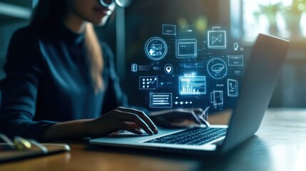 Woman working laptop, digital data, office