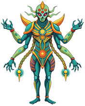 A detailed rendering of a four-armed humanoid creature, each hand delicately holding a single, undefined object.  Focus on intricate detail in anatomy and posture.