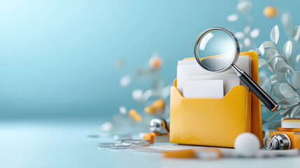 yellow folder with documents and magnifying glass symbolizes file search and organization, set again