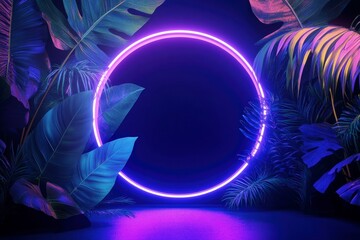Wall Mural - 3D neon blue circular frame with tropical leaves on a dark background. A glowing ring in the center of an abstract, illuminated jungle scene