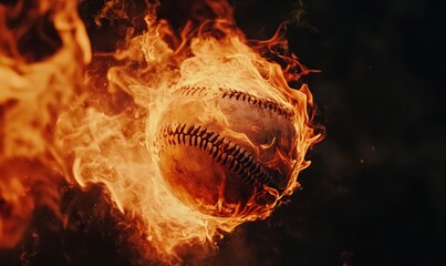 Wall Mural - flaming baseball on fire, flying against an isolated black background