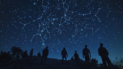 Wall Mural - a stargazing scene on a hilltop, where a group of people are looking up at the dazzling display of s