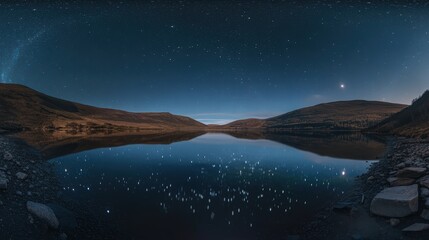 Wall Mural - a starry sky over a quiet mountain lake, with the stars reflecting perfectly on the glassy water