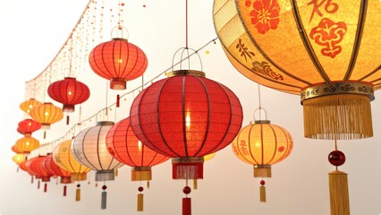 Wall Mural - A photorealistic depiction of a lantern festival, with glowing paper lanterns in bright reds, oranges, and yellows suspended in mid-air