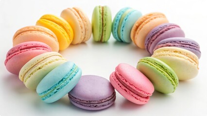 Wall Mural - A photorealistic arrangement of pastel-colored macarons in a circular pattern, featuring shades of pink, yellow, green, blue, and purple