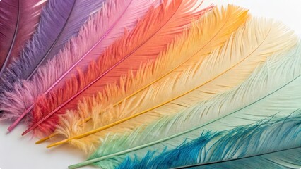 Wall Mural - A close-up of a collection of feathers in every color of the rainbow, arranged in a fan-like pattern