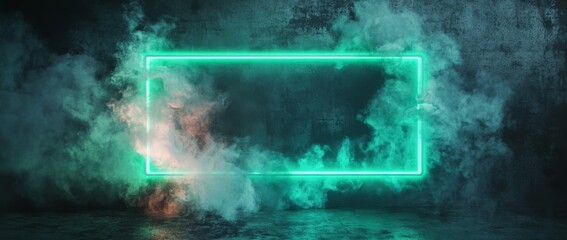 Wall Mural - glowing green neon rectangle frame surrounded by smoke and embers on dark grunge backdrop