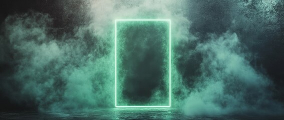 Wall Mural - glowing green neon rectangle frame surrounded by smoke and embers on dark grunge backdrop