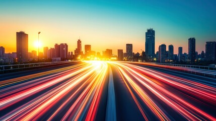 Wall Mural - urban tech-inspired sunset with dynamic light trails
