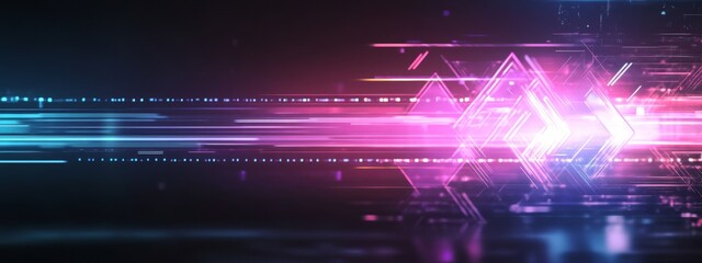 Wall Mural - vibrant abstraction with neon glowing arrows and light rays creating dynamic energy on a dark purple