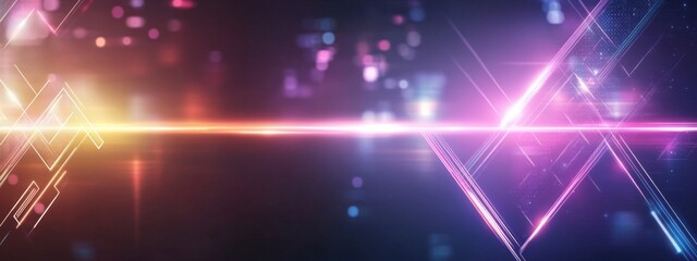 Wall Mural - vibrant abstraction with neon glowing arrows and light rays creating dynamic energy on a dark purple