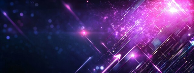 Wall Mural - vibrant abstraction with neon glowing arrows and light rays creating dynamic energy on a dark purple