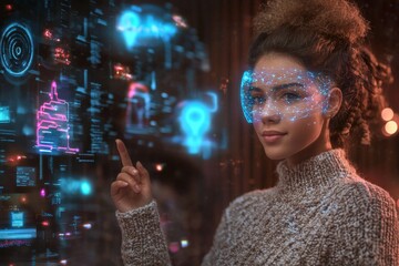 Wall Mural - work - a modern digital workspace where professionals collaborate on ai-driven projects with hologra