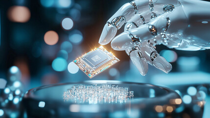Wall Mural - innovation for tomorrow: a robotic hand holding a microchip