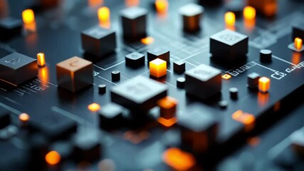 A close-up view of illuminated electronic circuits and components.