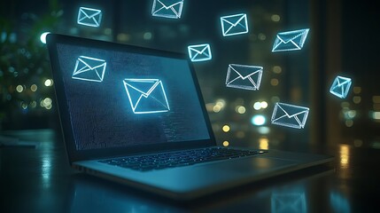 Laptop with Code and Floating Email Icons, A laptop displaying code with floating email icons, symbolizing digital communication and technology